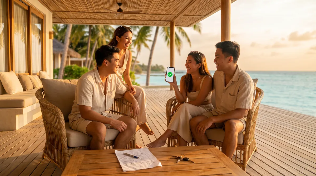 Four Filipino friends on a beach house veranda at sunset, one showing a booking confirmation on a phone
