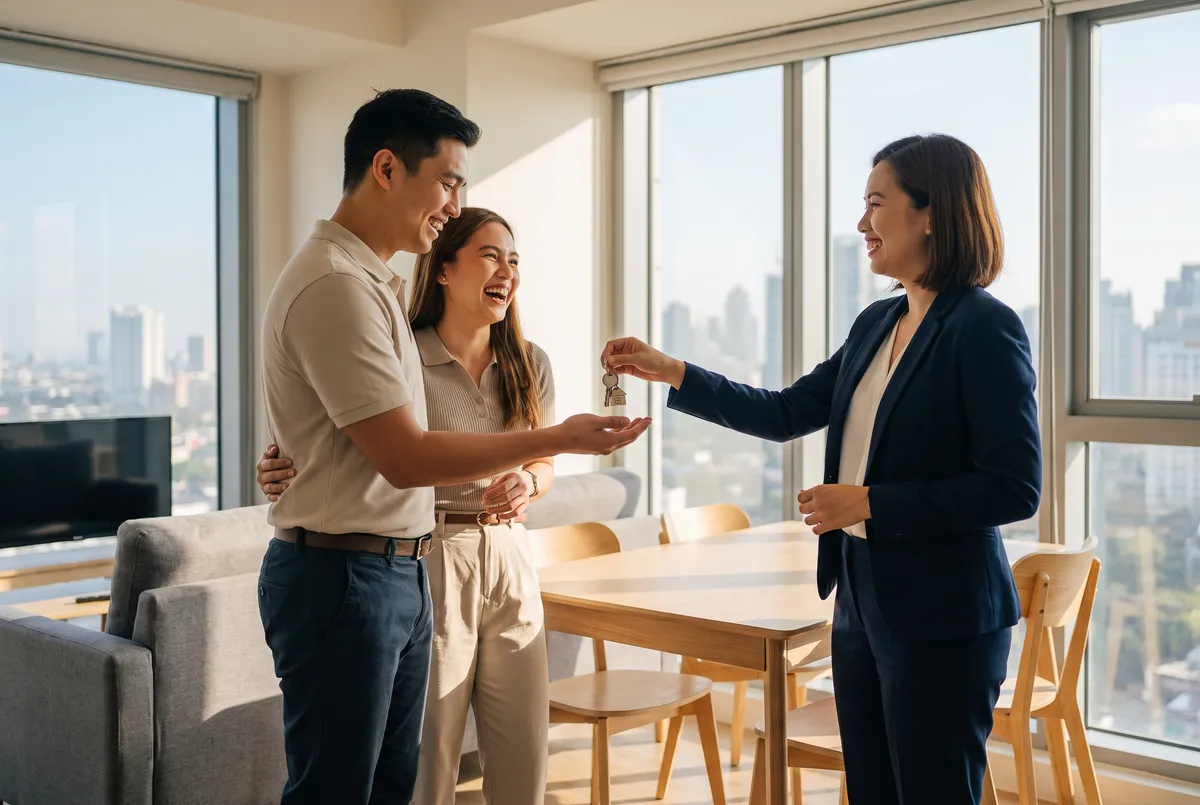 Filipino couple receiving keys to their new condo from a sales agent in a bright one-bedroom unit