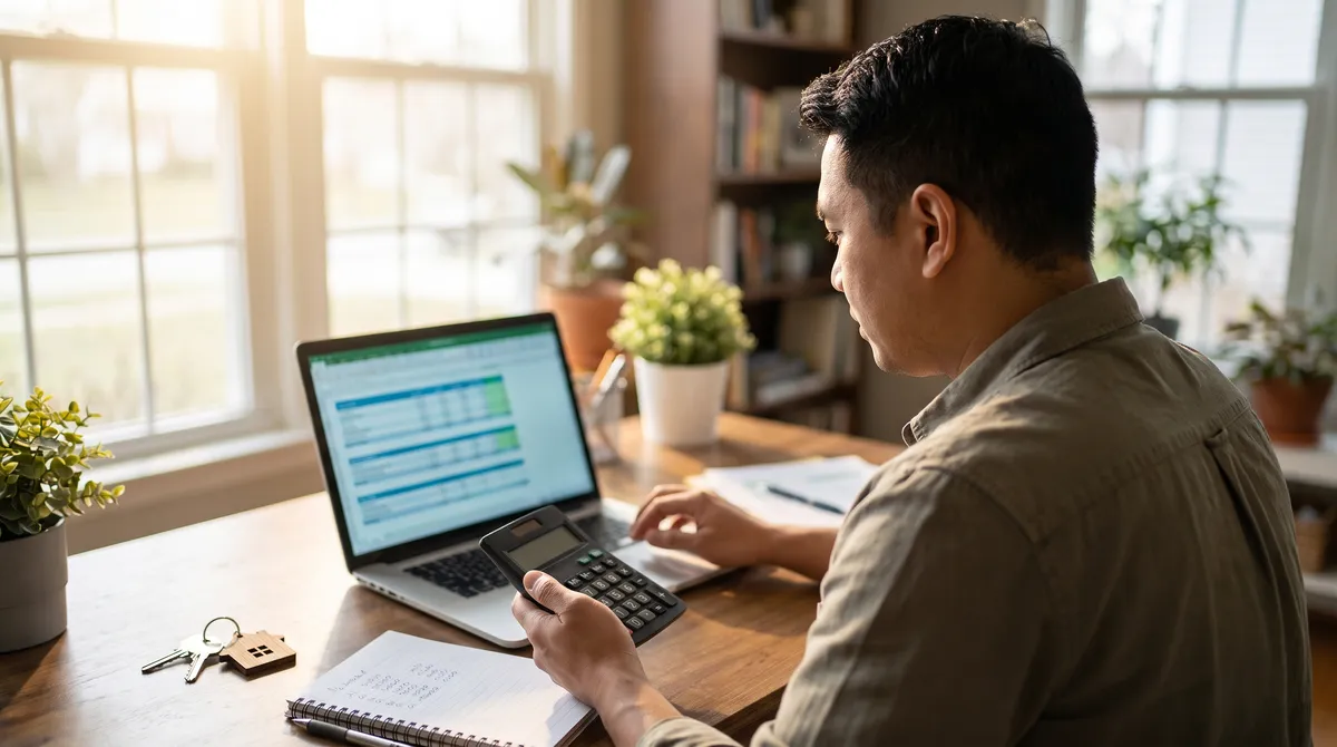 Property investor at a desk comparing rental yield figures on a laptop with a calculator, notepad and house keys