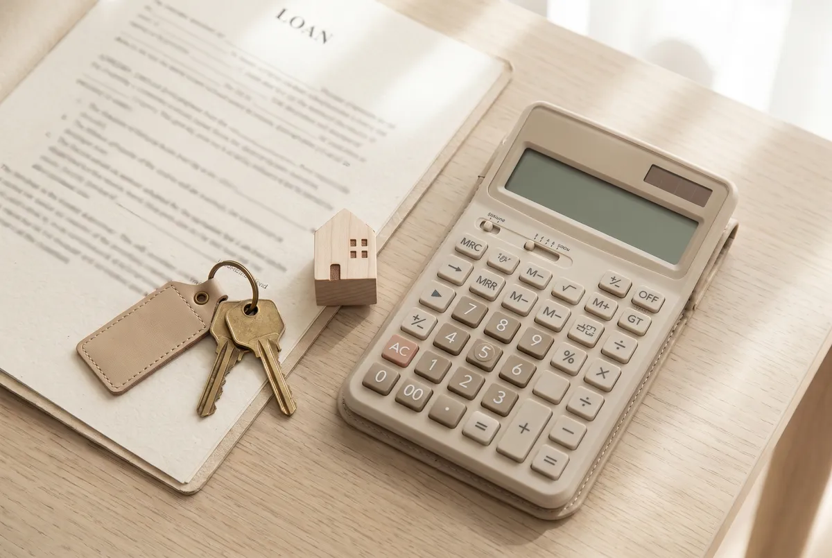 House keys, a wooden model house and a loan document beside a desktop calculator on a light wood desk