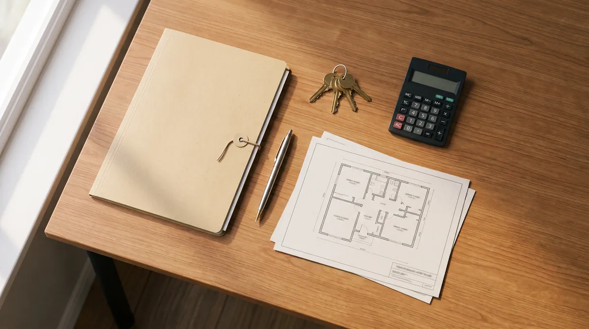 Flat lay of home buyer paperwork: contract folder, ballpen, house keys, calculator and floor plan on a wooden desk