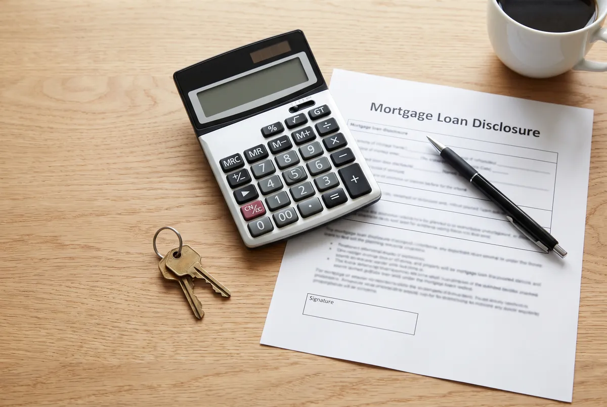 Calculator, house keys, pen and a mortgage loan disclosure form on a wooden desk