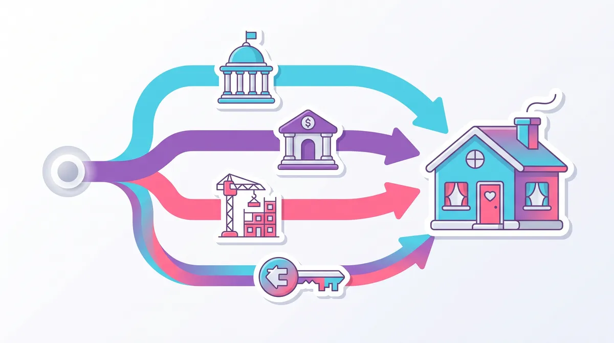 Illustration of four home financing paths (Pag-IBIG, bank, developer in-house, rent-to-own) leading to one house