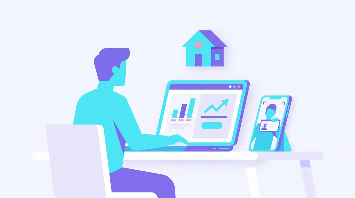 Illustration of a person placing an online bid on a laptop, with an ID card and selfie on a phone and a small house icon