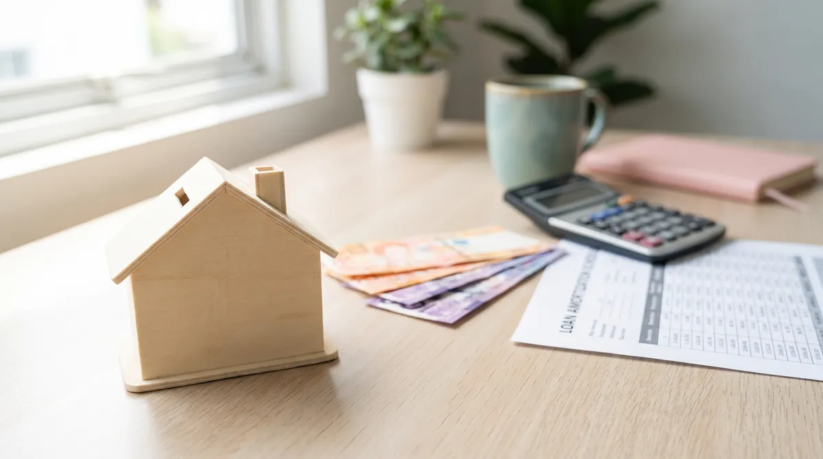 Wooden model house, calculator, peso bills and a loan amortization schedule on a desk