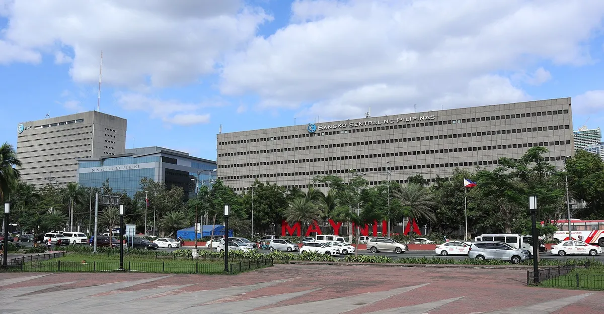 Bangko Sentral ng Pilipinas headquarters building on Roxas Boulevard in Manila, seen across a plaza