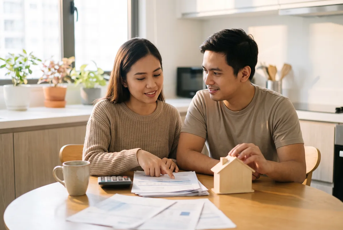 Young Filipino couple at a kitchen table reviewing home loan documents with a calculator and a small wooden house model