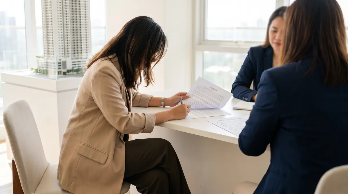 Condo buyer reading and signing a contract to sell with two sales agents at a desk, a white tower scale model behind her