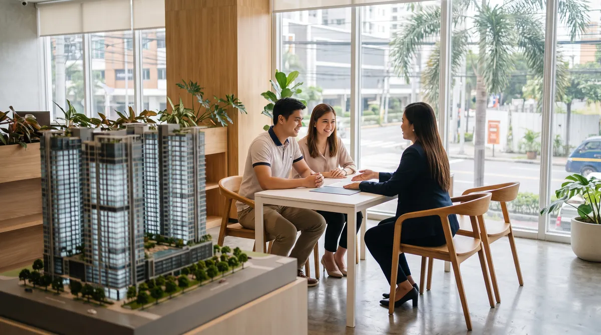 Filipino couple and a sales agent reviewing a price sheet beside a condo scale model in a bright showroom