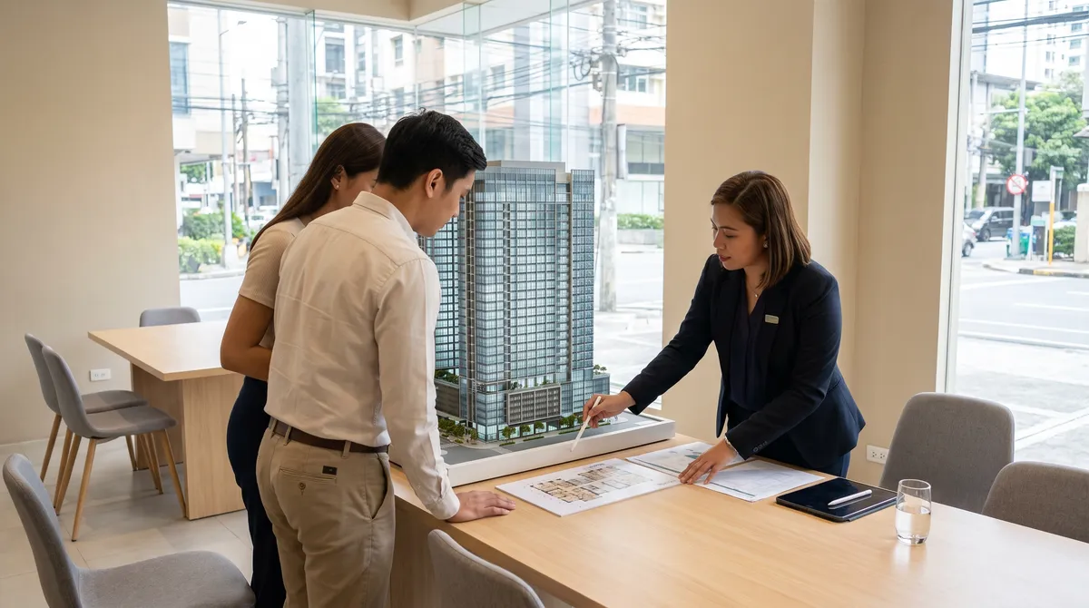 Filipino couple and a sales agent reviewing a condominium tower scale model and floor plans in a sales gallery