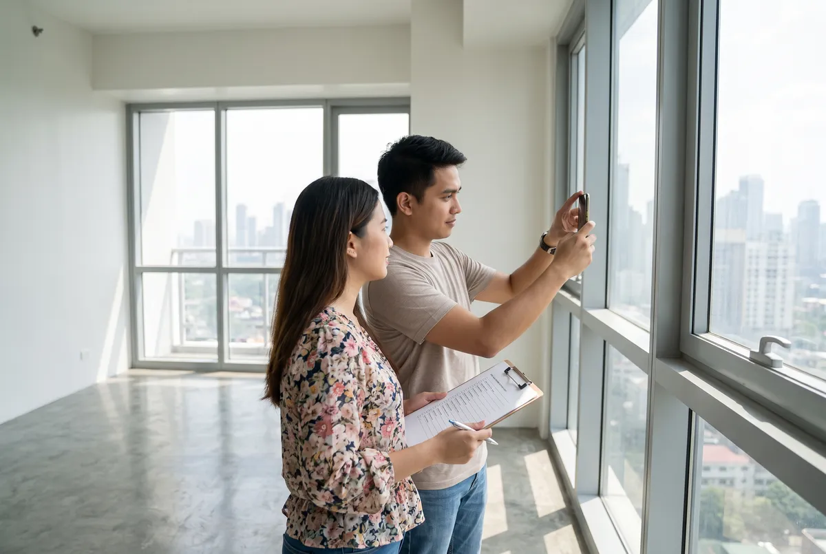 Couple inspecting an empty condo unit with a checklist and phone during turnover, with a city view